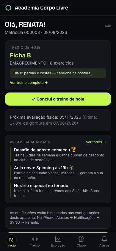 App do aluno: treino do dia com check-in
